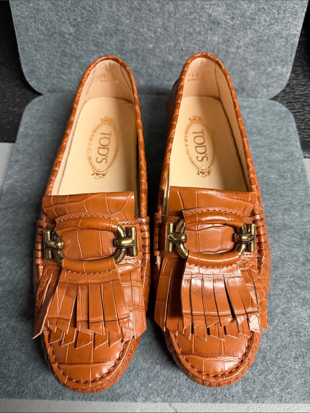 Tod's Cognac Croc-Embossed Fringe Loafers with Brass Bit